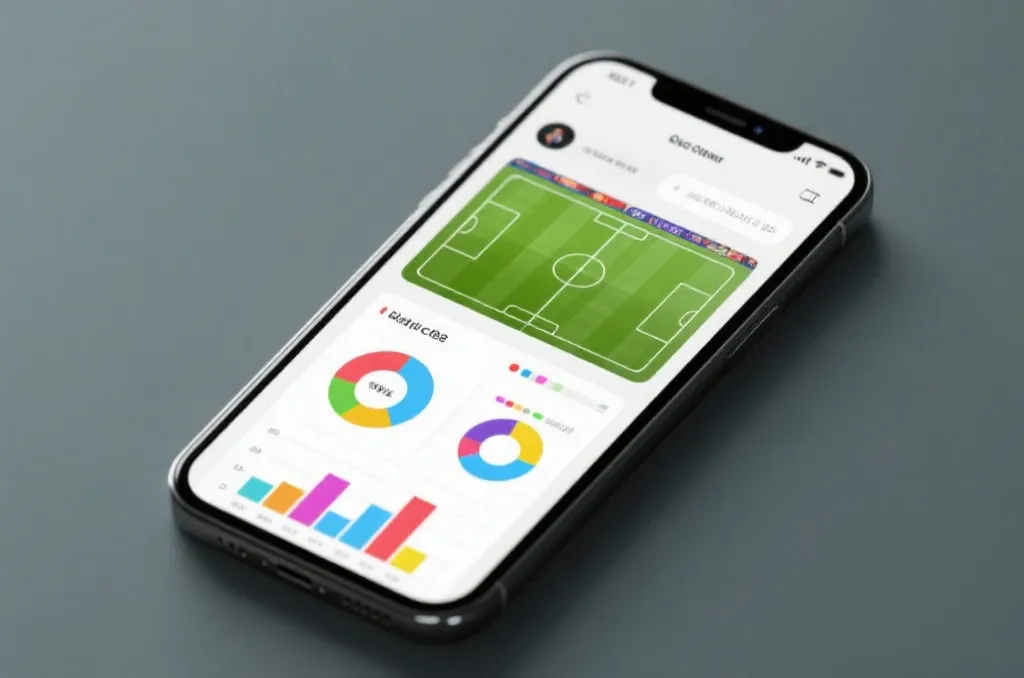 A sleek modern smartphone displaying a live soccer match analytical dashboard with colorful charts and graphs, clean minimalist user interface, high-tech aesthetic